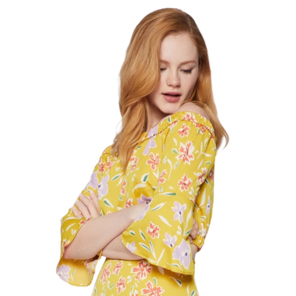 Bcbgeneration Yellow Floral Bell Sleeved Off The Shoulders Crop Top Medium NEW